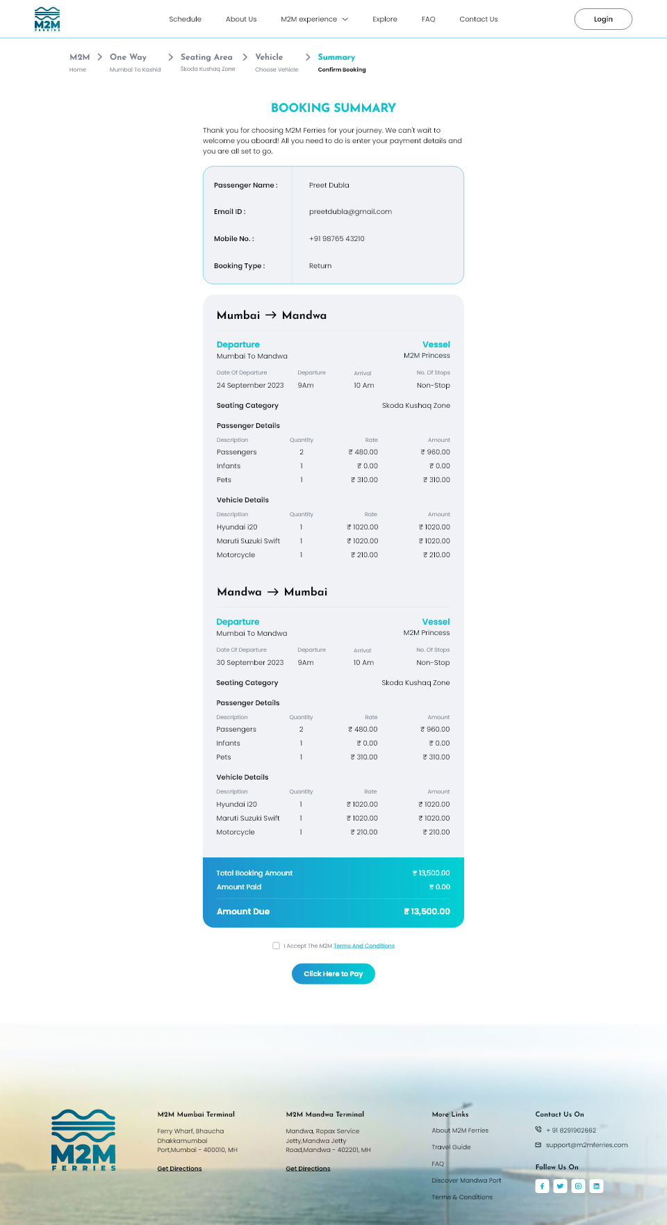 Final review page highlighting important trip details